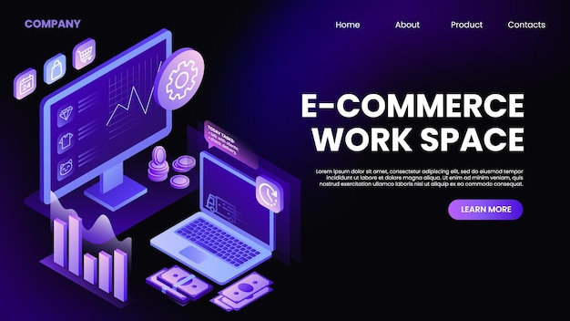 Maquette horizontale de page de destination de bannière d'espace de travail de commerce électronique