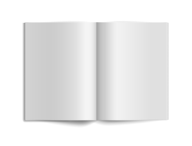 Maquette de livre vide Feuille de papier Journal de magazine ouvert ou modèle de catalogue de pli papeterie de bureau Objet isolé réaliste 3d vue de dessus Brochure publicitaire avec ombre Illustration vectorielle isolée