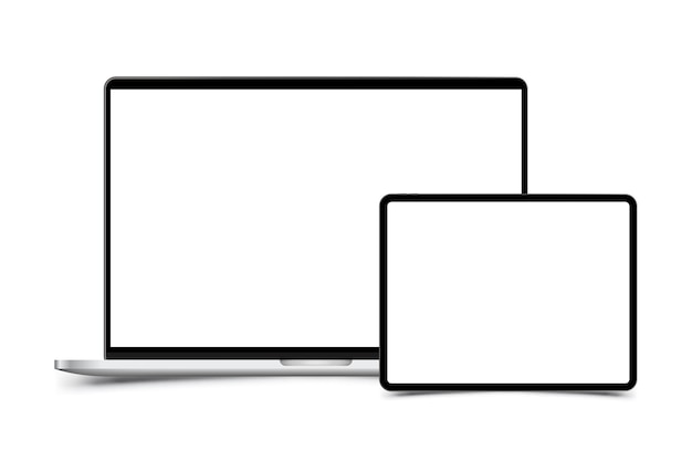 Maquette d'ordinateur portable réaliste avec tablette. Face avant avec écran isolé