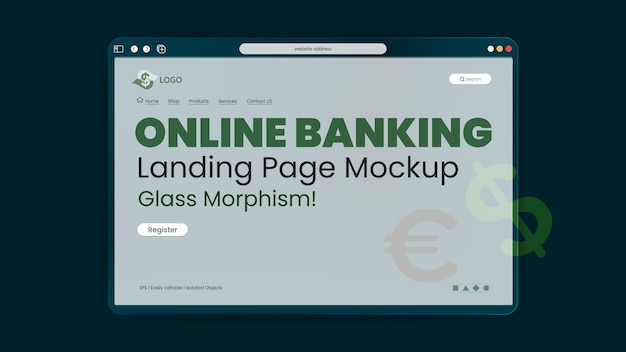 Maquette de page d'atterrissage bancaire en ligne sur un fond vert foncé avec effet de morphisme de verre glacé