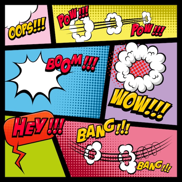Maquette de page de bande dessinée avec fond de couleur. Bombe, dynamite, explosions. élément pour affiche, carte, impression, bannière, flyer. image
