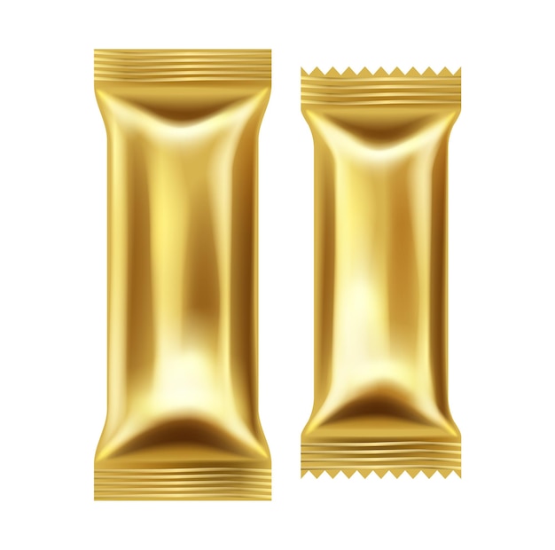 Vecteur maquette réaliste de pack de feuille d'or isolé sur fond blanc. paquet de modèles pour les barres de chocolat. ensemble de sachets flow et d'emballages en papier. illustration vectorielle