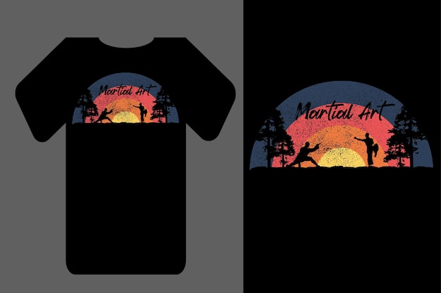 Maquette T-shirt Silhouette Coucher De Soleil Art Martial Rétro Vintage