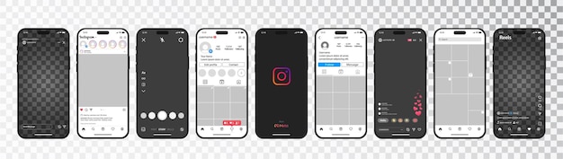 Maquette de vecteur de médias sociaux Instagram. Modèle avec Reels, Live et Stories. Modèle iPhone 14 avec