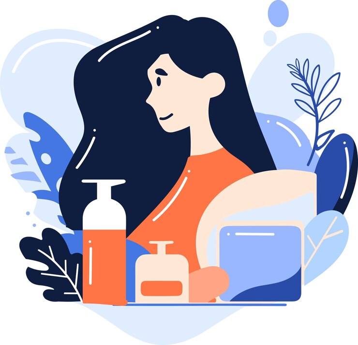 Vecteur maquillage de femme cheveux longs dessinés à la main dans un style plat isolé sur fond