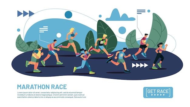Marathoniens Les gens marchent Les hommes et les femmes courent avec la distance Sport ville Chaussure de santé pour le sprint Entraîneurs exercices en plein air Jogging conception de bannière Illustration vectorielle