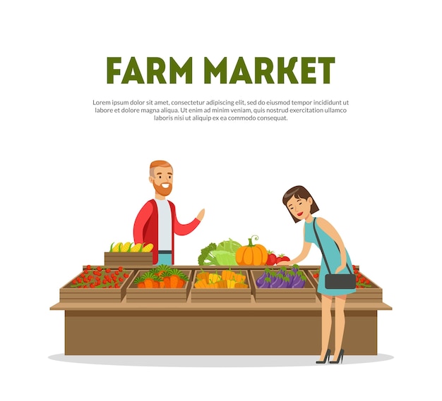 Marché agricole Fermier joyeux vendant des légumes sur un étal Illustration vectorielle sur fond blanc