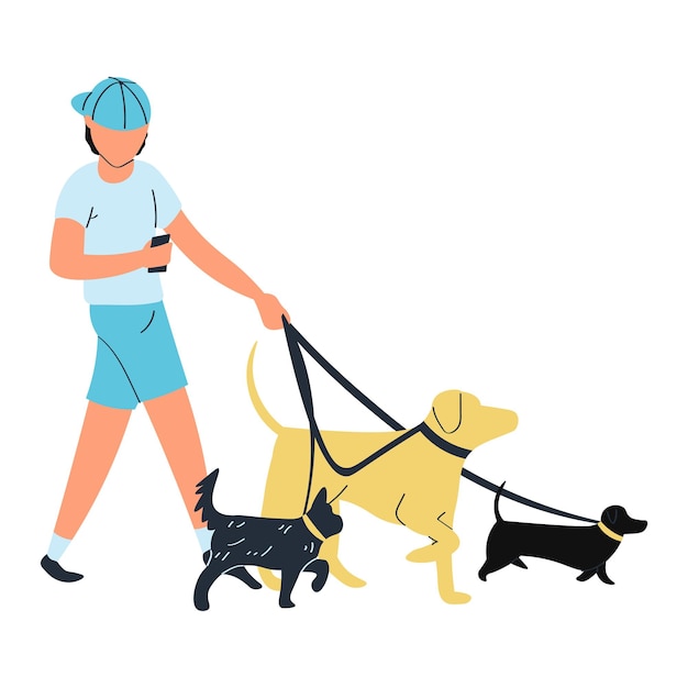 Marche Garçon Chiens Laisse Pour Animaux De Compagnie Isolé Sur Blanc Amitié Avec Animal De Compagnie Membre De La Famille Design Illustration Vectorielle De Style Plat