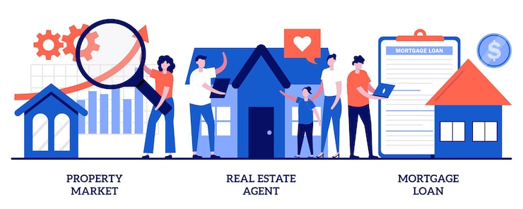 Vecteur marché immobilier, agent immobilier, prêt hypothécaire. ensemble de propriété d'achat, nouvel appartement
