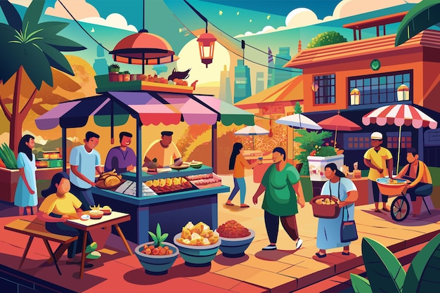 Vecteur marché de rue animé avec des vendeurs vendant des plats exotiques illustration