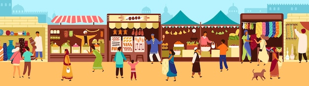 Marché de rue extérieur arabe ou asiatique, souk ou bazar. Les gens marchent le long des étals, achètent des fruits, de la viande, des textiles traditionnels, des épices orientales, de la poterie. Illustration vectorielle colorée de dessin animé plat.