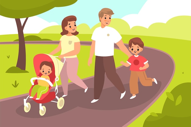 Vecteur marcher avec bébé couple de famille heureux dans le parc d'été jeune maman papa et enfants se promener en plein air parents avec enfant dans la poussette et petit fils mode de vie parental concept de parentalité de dessin animé de vecteur