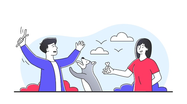 Marcher avec un chien, un homme et une fille dans la nature avec une famille d'animaux de compagnie en vacances, s'amuser, un style de vie actif et