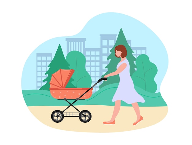 Vecteur marcher avec la poussette de bébé en été femme en robe poussant le landau pour le chariot du nouveau-né pour le petit enfant jeune mère marchant avec bébé dans le parc temps chaud illustration vectorielle plate