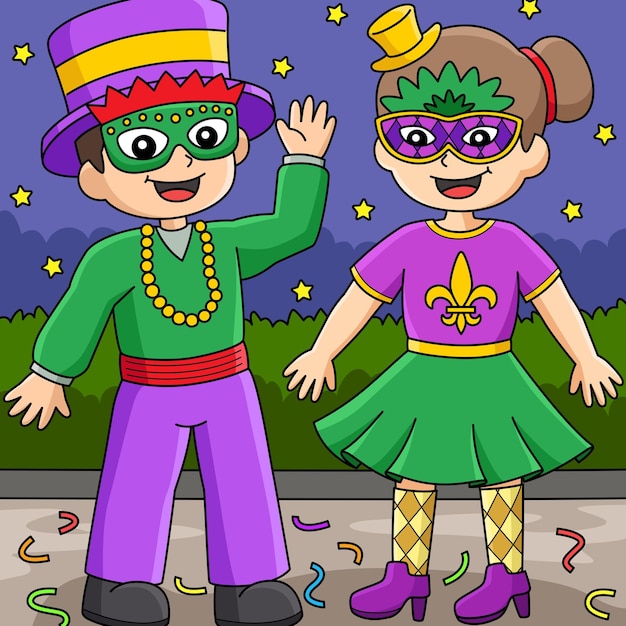 Vecteur mardi gras jester boy and girl cartoon coloré