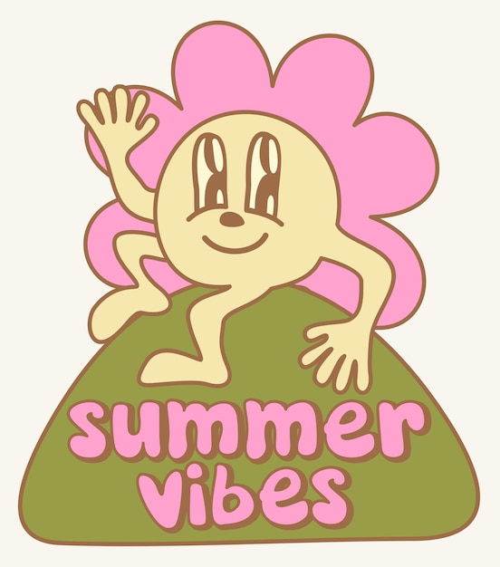 Une marguerite rose heureuse et souriante assise dans l'herbe, des vibrations d'été, un vecteur de dessin animé rétro isolé.