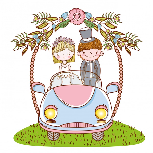 Mariage De Femme Et Homme Dans La Voiture Avec Des Plantes à Fleurs