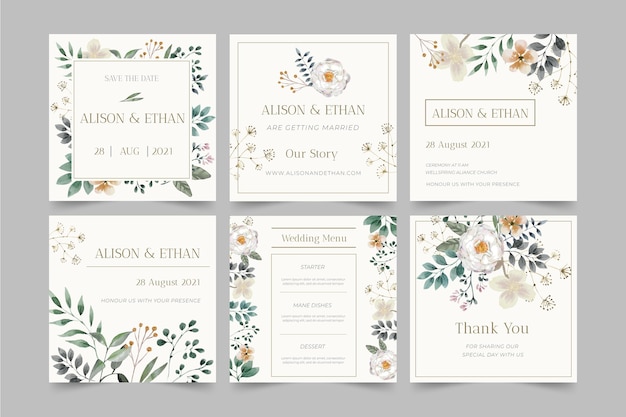 Vecteur mariage floral instagram posts