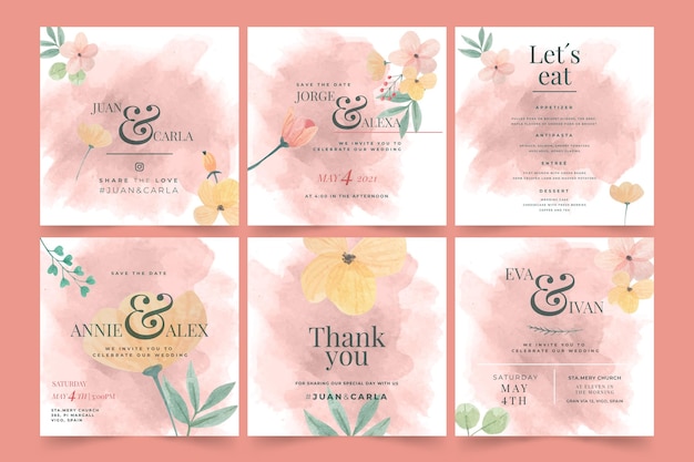 Vecteur mariage floral instagram posts