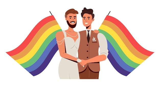 Mariage homosexuel. Deux hommes amoureux et drapeaux lgbt arc-en-ciel. Un bel homme en robe de mariée