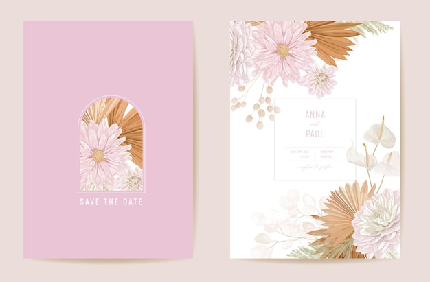 Mariage Lunaria Séché, Dahlia, Herbe De Pampa Floral Save The Date Set. Fleur Sèche Exotique De Vecteur, Carte D'invitation Boho De Feuilles De Palmier. Cadre De Modèle Aquarelle, Couverture De Feuillage, Affiche Moderne, Design Tendance