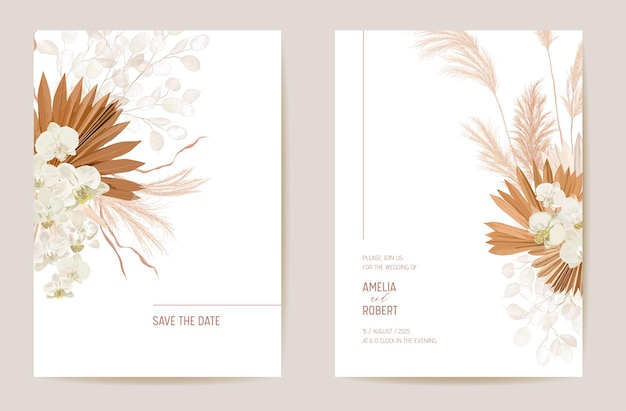 Mariage Lunaria Séché, Orchidée, Herbe De Pampa Floral Save The Date Set. Fleur Sèche Exotique De Vecteur, Carte D'invitation Boho De Feuilles De Palmier. Cadre De Modèle Aquarelle, Couverture De Feuillage, Design D'arrière-plan Moderne