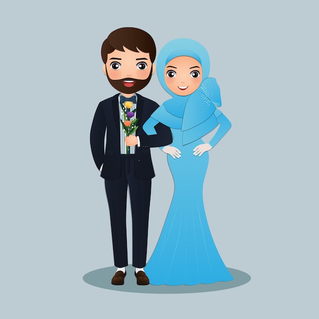 Mariage Avec La Mariée Et Le Marié Dessin Animé Mignon Couple Musulman