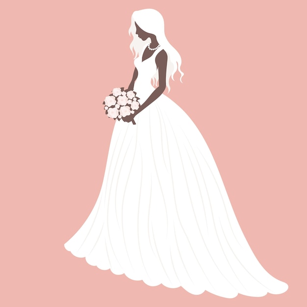 Vecteur la mariée dans une robe de mariée avec un bouquet de fleurs modèle d'illustration de mariage de luxe