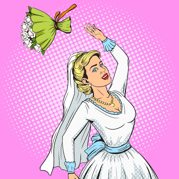 La mariée jette un bouquet de mariage vecteur pop art