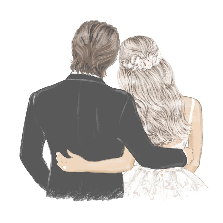 Vecteur mariée et le marié beau couple au jour du mariage illustration dessinée à la main