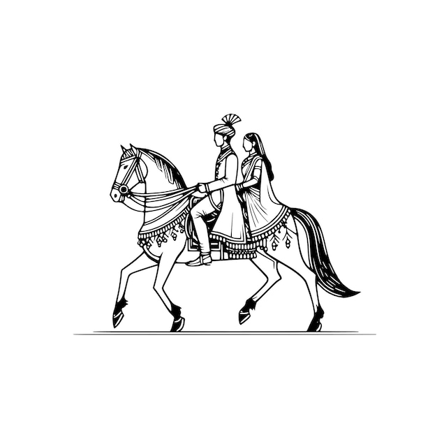 Vecteur la mariée et le marié à cheval clip art indien