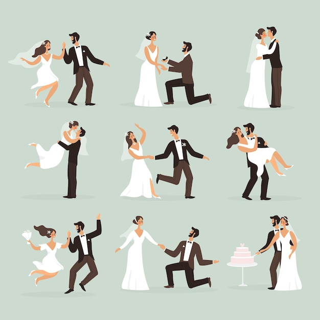 Mariée et marié. Un couple de mariés dans diverses poses saute, danse et embrasse, étreint et coupe le gâteau. Collection de scènes de cérémonie de mariage, homme et femme amoureux vector cartoon plat isolé jeu de caractères à la mode