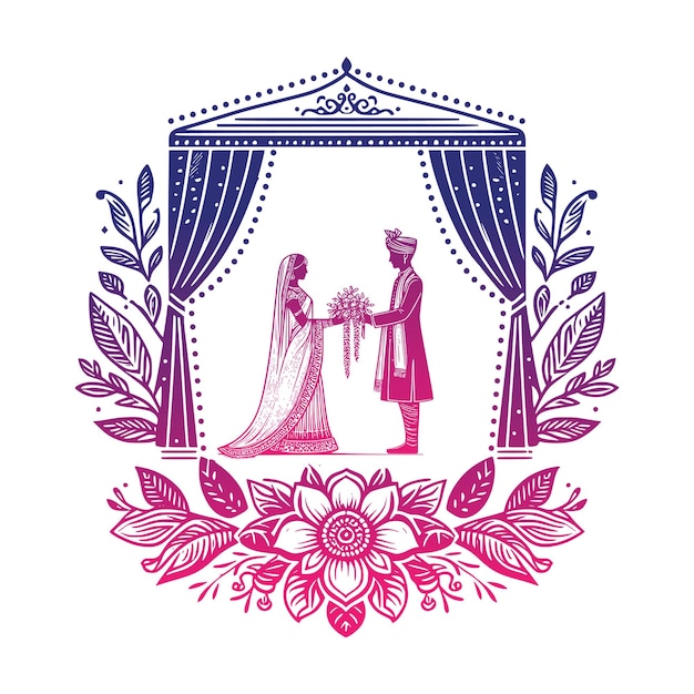 Vecteur la mariée et le marié indiens se marient au mandap