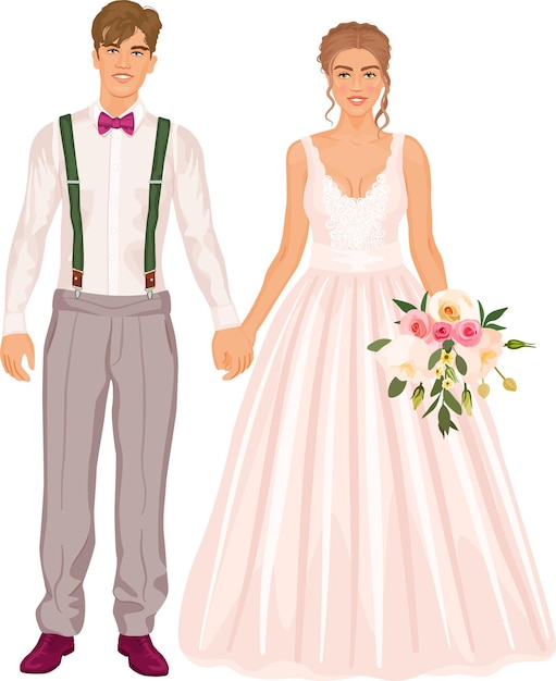 Vecteur mariée et le marié se tenant la main, étant heureux. jeune homme et femme en costumes de mariage à la mode.