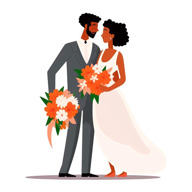 La mariée vectorielle avec un bouquet de fleurs et le marié à l'illustration de l'appartement de mariage