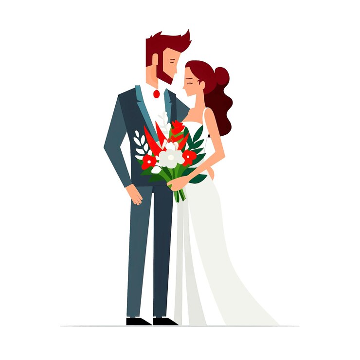 Vecteur la mariée vectorielle avec un bouquet de fleurs et le marié à l'illustration de l'appartement de mariage