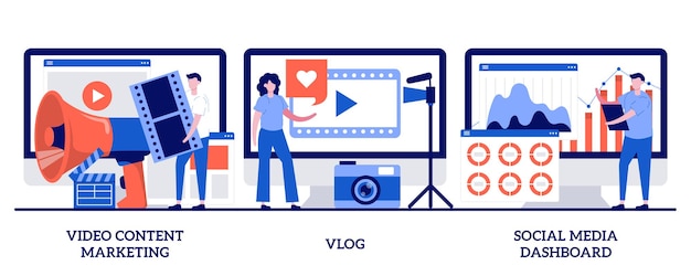 Marketing de contenu vidéo, vlog, concept de tableau de bord des médias sociaux avec des personnes minuscules. Ensemble d'illustrations vectorielles abstraites de campagne numérique en ligne. Entreprise de publicité numérique, métaphore du streaming en ligne.