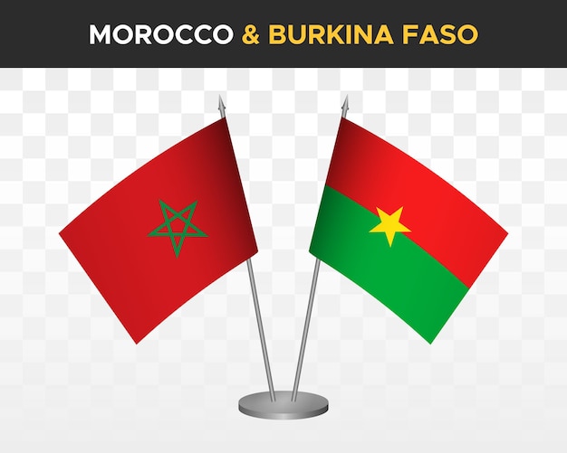 Vecteur maroc vs burkina faso drapeaux de bureau mockup illustration vectorielle 3d isolé drapeaux de table marocains