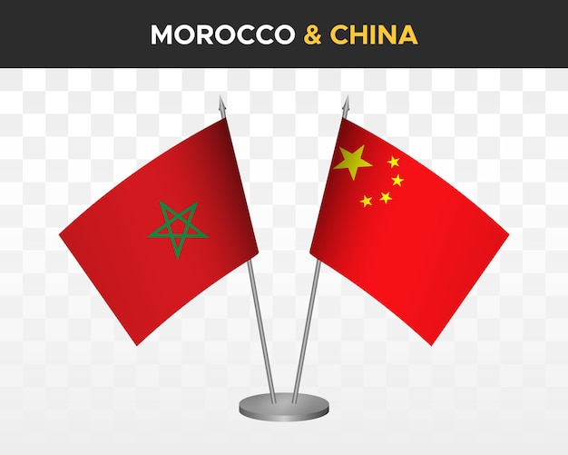 Maroc Vs Chine Prc Drapeaux De Bureau Maquette Isolé 3d Illustration Vectorielle Drapeaux De Table Marocains