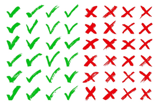 Marque de contrôle verte dessinée à la main et marque de croix rouge Marqueur de signe droit et faux Clipart Doublage de vote