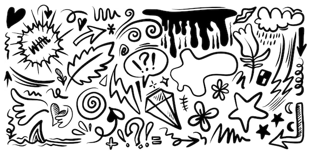 Marqueur dessiné à la main éléments simples ensemble Doodle stylo signes et effets foudre étoile nuage diamant