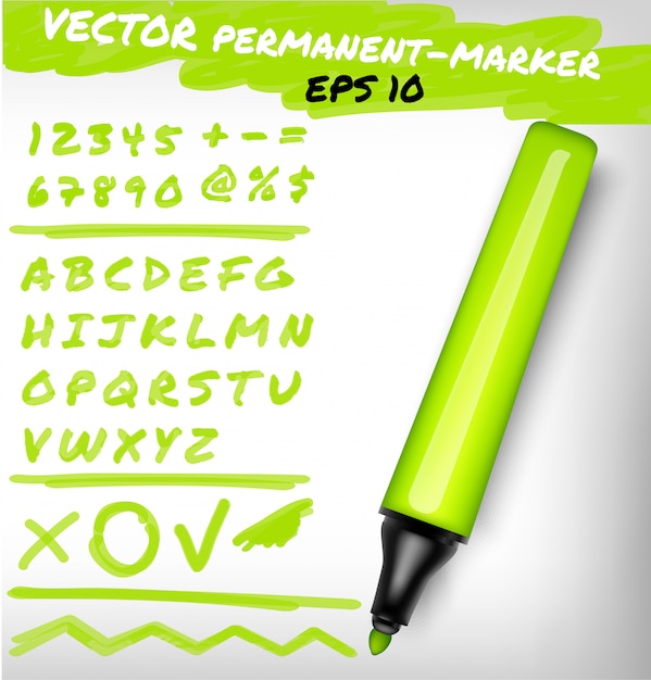 Vecteur marqueur permanent ouvert de couleur vert lime, ensemble de chiffres manuscrits, chiffres, signe de vérification de chiffre et alphabet, plus, ligne. illustration de feutre