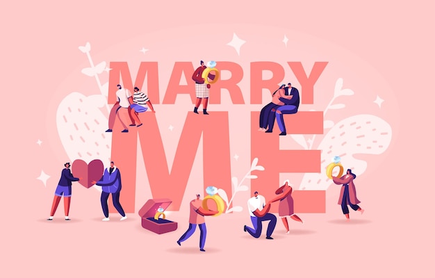 Marry Me Concept. Hommes Faisant Une Proposition Romantique Aux Femmes, Donnant Une Bague De Fiançailles Debout Sur Le Genou. Illustration Plate De Dessin Animé