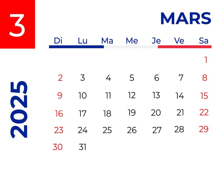 Vecteur ou mars 2025 calendrier mensuel d'entreprise en français avec marquage des jours fériés nationaux