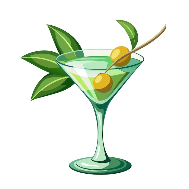 Vecteur martini avec olive dans un verre de couleur isolée