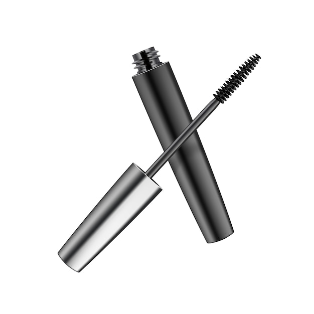 Mascara réaliste noir ouvert dans un tube brillant métallique foncé isolé sur fond blanc