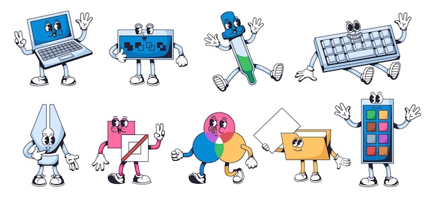 Mascotes de conception graphique Outils créatifs pour les artistes numériques ordinateur portable stylo de personnage et outil de goutte-à-goutte palette de couleurs jeu d'illustration vectorielle de dessins animés