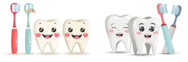 Vecteur mascotes de dents heureuses souriantes avec brosse à dents et pâte dentifrice illustration vectorielle isolée de la santé dentaire buccale