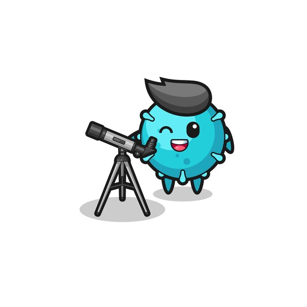 Mascotte D'astronome De Virus Avec Un Télescope Moderne, Design Mignon