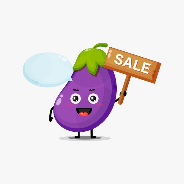 Mascotte D'aubergine Mignonne Avec Le Signe Des Ventes